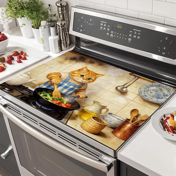 HOMETITUTE Spring Stove Top Cover 28x20 Cute Cat Kitchen Art Heat Resistant