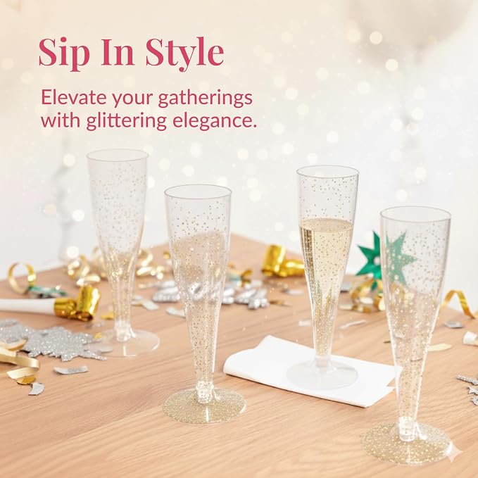Prestee 200 Disposable Champagne Flutes Gold Glitter Glasses - 4.5 Oz Plastic Champagne Cups for Parties, Wedding Toasts, Mimosa Bar, and New Year’s Eve - Elegant Bulk Gold Plastic Wine Flutes | Disposable