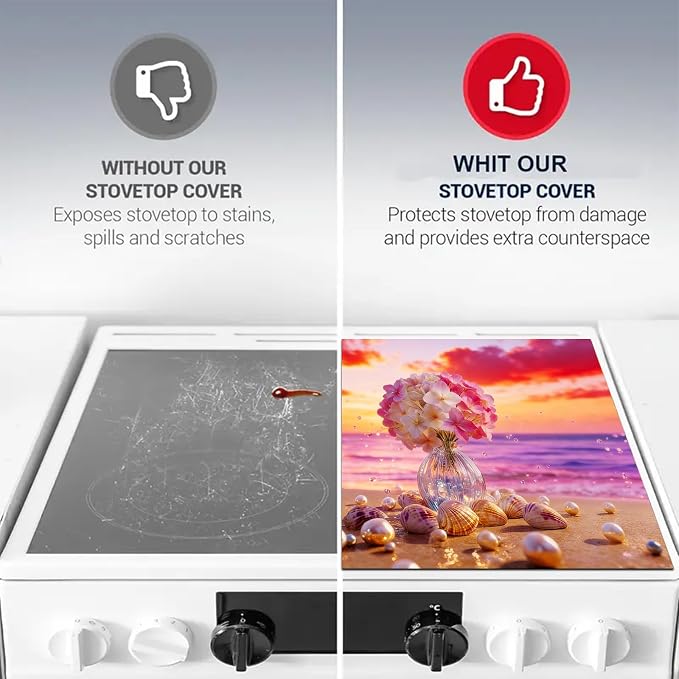 HOMETITUTE Summer Stove Top Covers for Electric Stove 28x20 Inches Sunset Beach Flower Seashell Heat Resistant Glass Cooktop Protector Pad Decorative Stovetop Cover for Kitchen Coffee Bar Decor