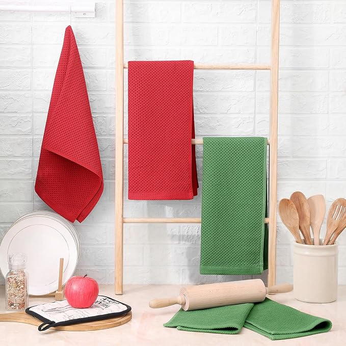 Homaxy 100% Cotton Waffle Weave Kitchen Towels, 5-Pack, Grass Green | 13 x 28 Inches, Ultra Soft Absorbent Dish Towels, Quick Drying Cleaning Towels