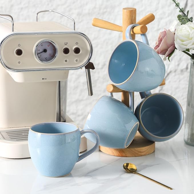 Coffee Mugs Set of 4, Stoneware 16 Oz Coffee Mugs for Cappuccino Latte Cocoa and Tea, Ceramic Coffee Cups with Handle,Sky Bule Mugs for Housewarming Gifts, Microwave and Dishwasher Safe