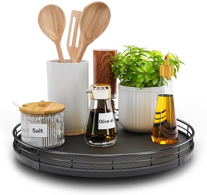 12" Lazy Susan Turntable Organizer for Table Top, Round Wooden Lazy Susan for Cabinet Kitchen Decor Centerpieces Coffee Table, Storage Condiments Spices, Bathroom Vanity Tray for Soap, Black