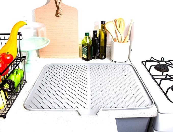 Silicone Dish Drying Mat with Built-in Drain Lip - Hygienic Drying Pad - Sturdy Compact Easy to Clean Tray Protects Surfaces Prevents Water Build Up - 23 X 17 (White)
