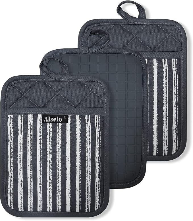 Alselo Silicone Pot Holders Set of 3 Heat Resistant & Non Slip Potholders | Professional Oven Hot Pads with Pockets Mitts for Kitchen Cooking Baking Barbecue (Grey 3)