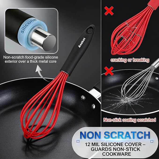 Anaeat Silicone Balloon Whisk, Perfect for Non-Stick Cookware, Milk and Egg Beater Blender, Heat Resistant Kitchen Whisks for Whisking, Cooking, Baking, Beating, Frothing & Stirring (Multicolor)