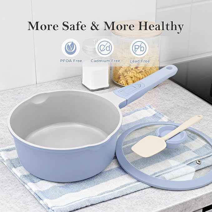 AIKENBBKK Nonstick Sauce Pan with Lid, 2.5 Qt Ceramic Saucepan with Lid, Non Stick Sauce Pan, Milk Pot&Sauce Pot&Saucepan with Pour Spout, Detachable Handle Milk Pan, Induction Compatible, Oven Safe