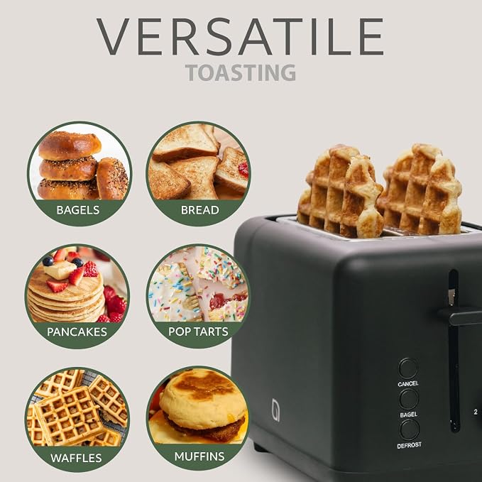 WILLOW Eco Series 2-Slice Toaster, Extra-Wide Slots for Bagels & Artisan Bread, 6 Shade Browning Settings, High-Lift Toast Boost, Removable Crumb Tray, Cancel/Defrost Buttons, Toaster 2 Slice