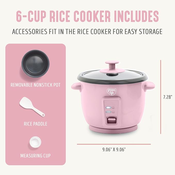 GreenLife Rice Cooker, 3-Cups Uncooked/6-Cups Cooked, Pink | PFAS-Free Ceramic Nonstick Removable Pot, One-Switch Design, Grains Multicooker, Keep Warm, Dishwasher Safe Parts, Easy Clean