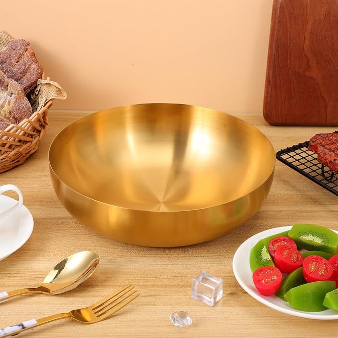 CALLARON 9.4" Stainless Steel Mixing Bowls - 75oz Gold Serving Bowl, Large Metal Decorative Bowl for Salad, Soup, Pasta, Snack, Cooking, Baking, Dishwasher Safe