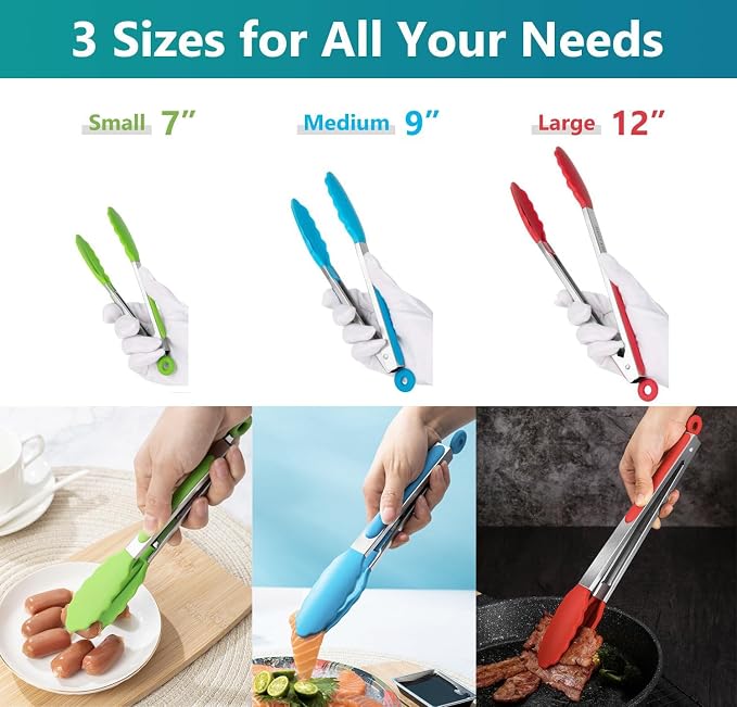 7/9/12 Inch Kitchen Tongs Set of 3, Cooking Tongs with Silicone Tips | For Cooking/Serving/Grilling | Heat-Resistant | Food-Grade Material | Dishwasher Safe | Red/Green/Blue