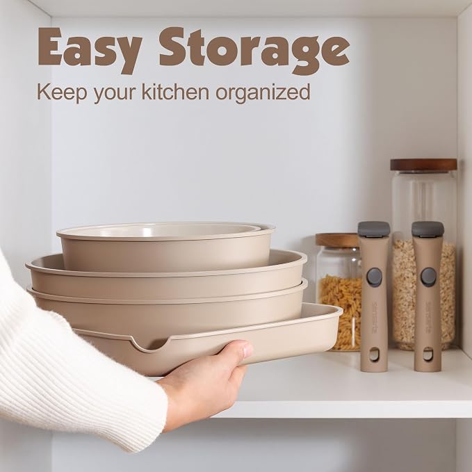 SENSARTE 17 Piece Ceramic Detachable Handle Pots and Pans Set Almond Beige | Ceramic Cookware Set, Induction Cookware Set with Removable Handle, Healthy Non Stick for RV, Dishwasher ＆ Oven Safe