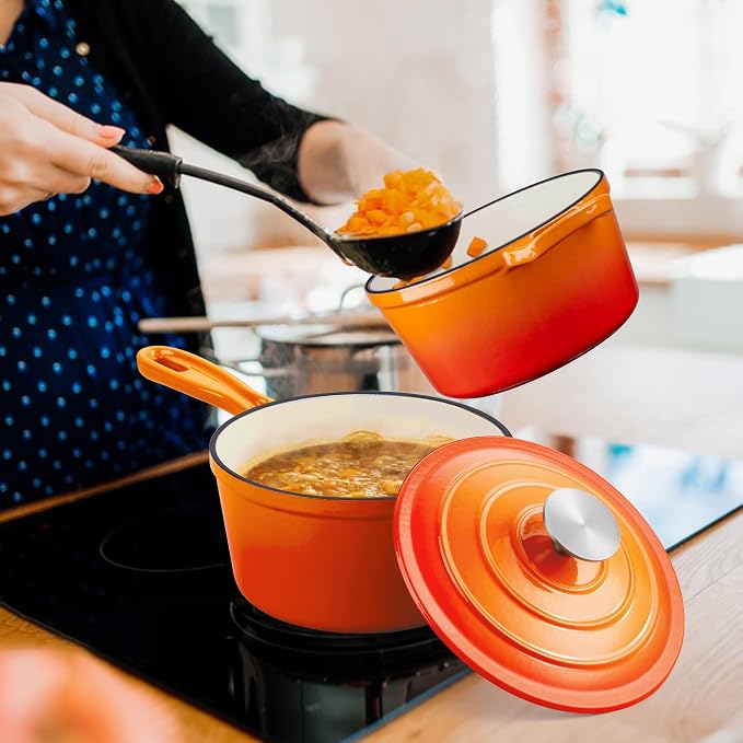 Leonyo 1Qt& 2Qt Cast Iron Saucepan Set, Dutch Oven Pot for Cooktop, Orange