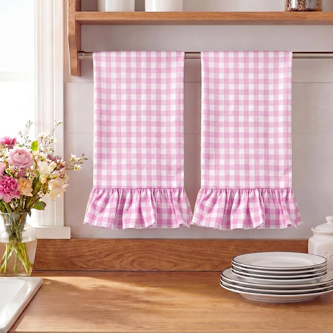 HunnmingRe 2 Pcs Hot Pink Gingham Kitchen Towels Cotton Ruffled | Checked Dish Towels 18"x28" Tea Cloths Plaid Cottage Core Kitchen Decor for Farmhouse Charm Drying Dishes Entertaining Guests