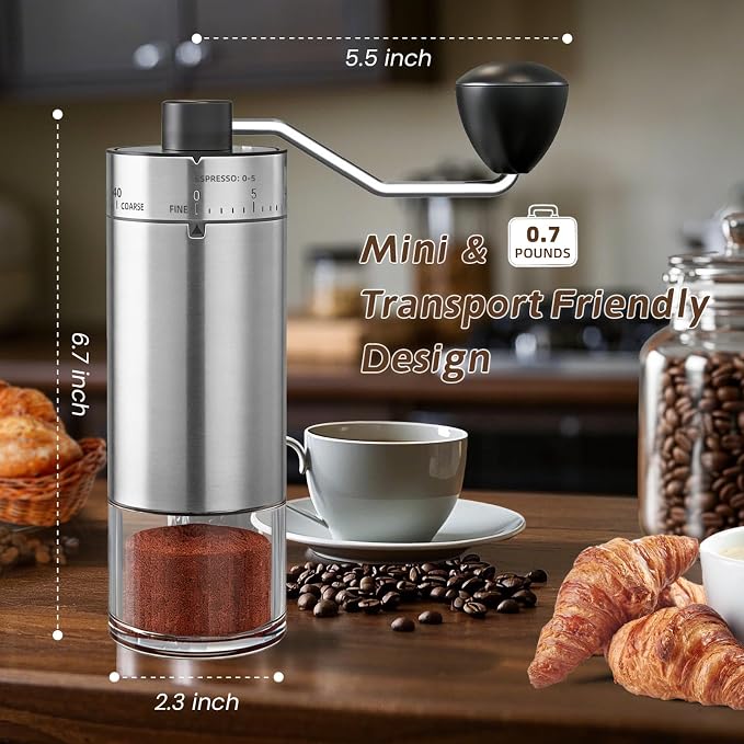 Manual Coffee Grinder, 40 External Settings, Ceramic Burr | Stainless steel portable coffee mill for espresso, pour over, French press and travel