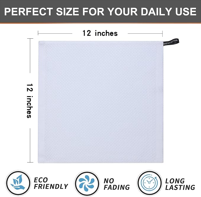 Kitinjoy 100% Cotton Waffle 12-Pack Kitchen Towels, 12" x 12", White | Ultra Absorbent, Super Soft, lightweight, Quick Drying Dish Rags for Washing Dishes
