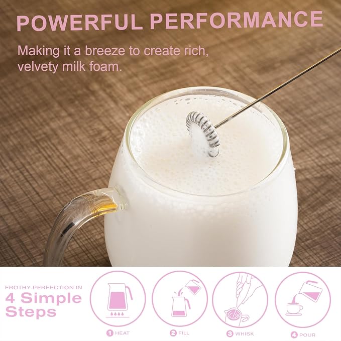 Handheld Milk Frother Wand, Pink | For Coffee, For Matcha, For Latte & Cappuccino, For Hot Chocolate & Egg