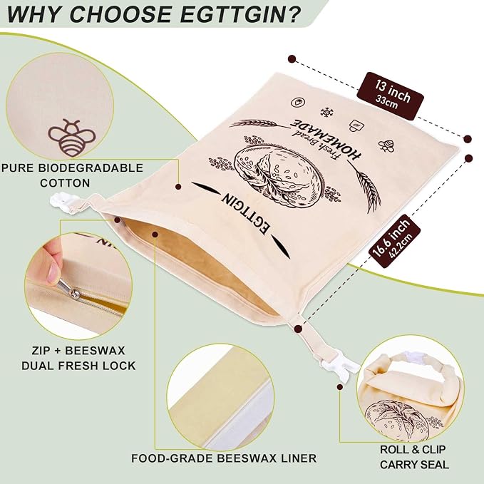 Zippered Beeswax Bread Bags, XL 17"x13" Reusable Organic Cotton Cloth Storage Bags for Homemade Sourdough Loaves, Fresh-Keeping, Freezer-Safe & Eco-Friendly (2 Pack)