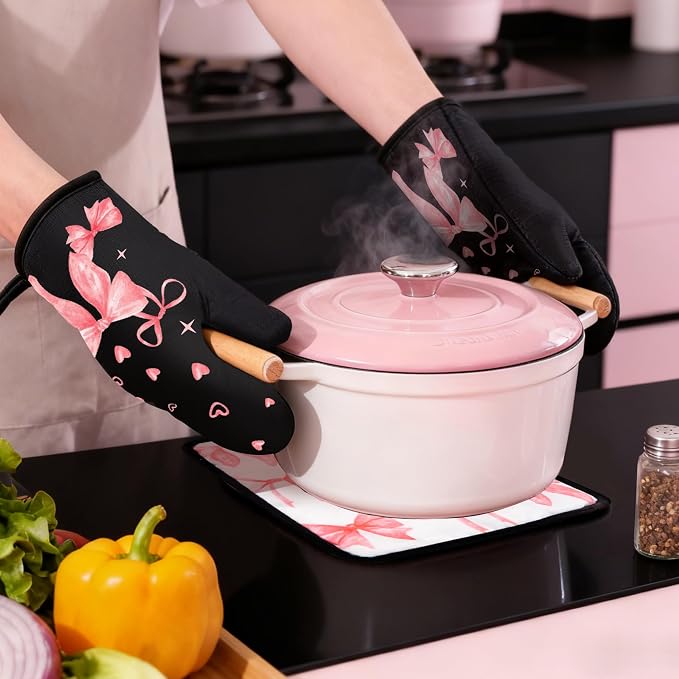 8 Pcs Cute Pink Bow Kitchen Towels and Dishcloths Sets Oven Mitts Pot Holders Set Mother's Day Absorbent Decor Accessories Gloves Potholders Heat Resistant for Chef Baking Cooking Home Gifts