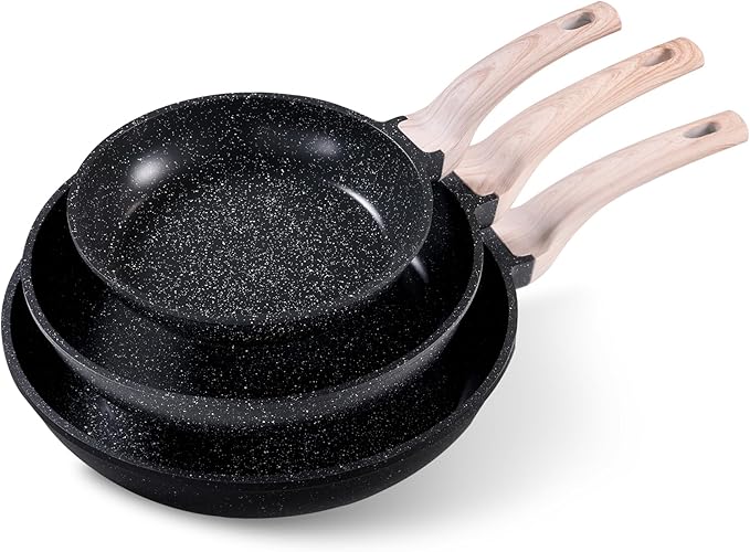CAROTE Non Stick Frying Pan, Black 8"+10"+12" Granite Skillet Set | Healthy Non Toxic Cookware Set with Heat-Resistant Handle, Induction Compatible, Dishwasher Safe, PFOA-Free