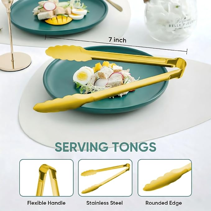 Buffet Tongs 7'' Inches Serving Tongs Heavy Duty Stainless steel Kitchen and BBQ Utility Tong Pack of 12 (Gold, 7inch)