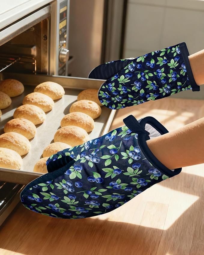 100% Thick Cotton Mini Oven Mitts Silicone Grip Blueberry | Elegant Classic Oven Mitts for Women, Machine Washable, Non-Slip, Reversible Design Fits Both Hands, Stylish Kitchen Decor