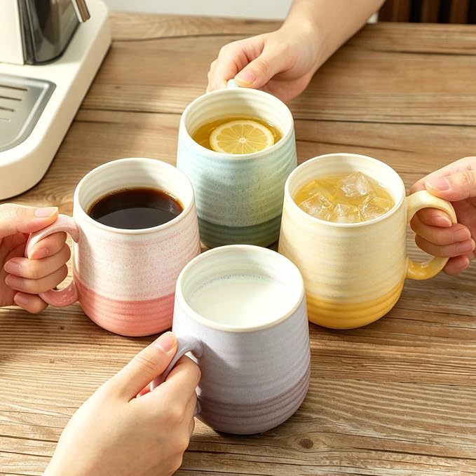 HASENSE 15oz Coffee Mugs Set of 4, Ceramic Coffee Cups with Handle for Tea, Cocoa, Latte, Milk, Porcelain Large Coffee Mugs for Kitchen, Coffee Bar, Rainbow