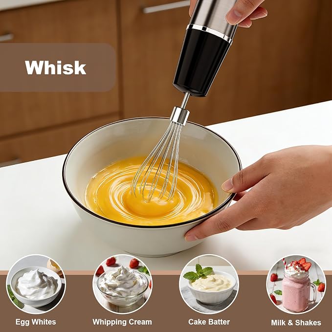 Camic Hand Blender, Cordless Immersion Blender with 6 Speeds, 4 in 1 Portable Mixer Electric Handheld Mixer with Blender, Chopper, Whisk, Frother for Soup, Smoothies, Baby Food and Puree (Black)