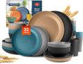 Teivio 32-Piece Plates and Bowls Sets for 8, Cerulean Hues Dinnerware Sets | 13.5oz Cups, Plastic Wheat Straw Unbreakable Dish Set, Dishwasher Safe, for Outdoor Camping RV Apartment Essentials Plate Set