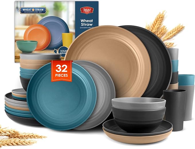 Teivio 32-Piece Plates and Bowls Sets for 8, Cerulean Hues Dinnerware Sets | 13.5oz Cups, Plastic Wheat Straw Unbreakable Dish Set, Dishwasher Safe, for Outdoor Camping RV Apartment Essentials Plate Set