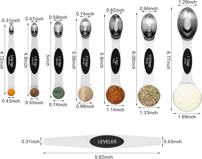 Aovchei 8 PCS Black Magnetic Measuring Spoons Set | Dual Sided, Stainless Steel Small Tablespoon, Teaspoons, Fits in Spice Jars, for Dry and Liquid