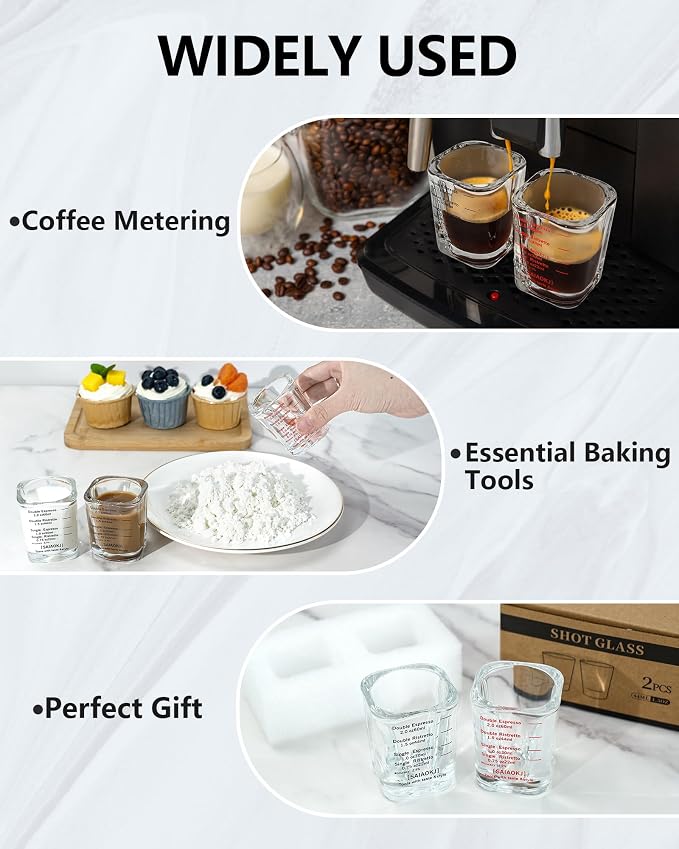 Shot Glass Measuring Cup Set, 2 Pack 2 Oz Square Espresso Glasses (Red) | Square glass measuring cups feature oz, ml, tsp and tbsp markings for espresso, liquor, medicine, desserts and recipes