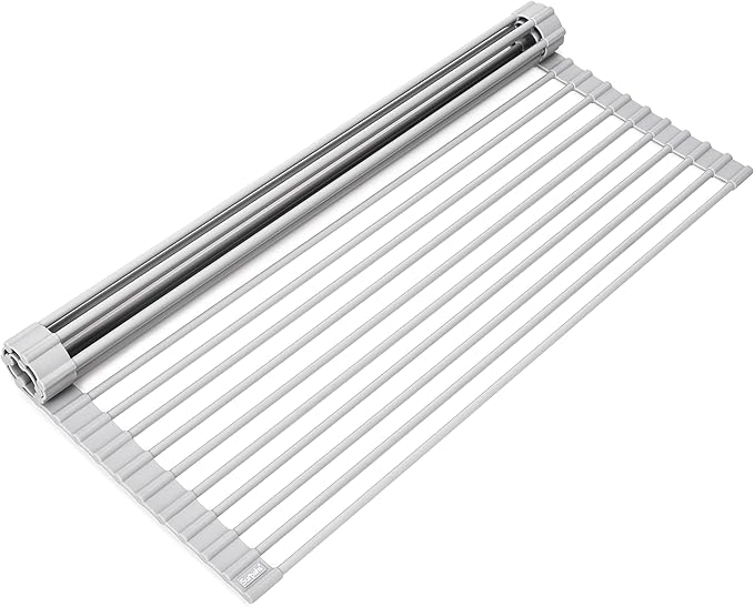 20.5 x 15.5 Inch Roll-Up Dish Drying Rack, Fits Across Sink Openings up to 19.5 Inches, Heavy-Duty Premium Silicone, Strong Support, Non-Slip, Heat-Resistant, Warm Gray