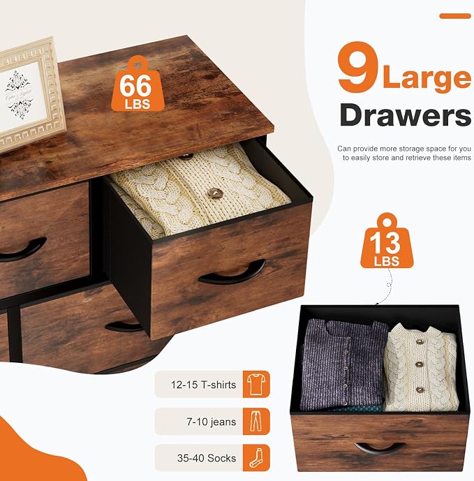 Sweetcrispy 9 Drawer Fabric Dresser Storage Tower Drawer Organizer, Brown | Sturdy Steel Frame with Wood-top, Easy-pull Handle, Space-Saving Organizer Chest for Bedroom, Closet, Lightweight and Stable