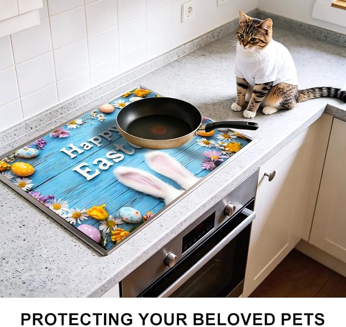 Happy Easter Bunny Ears Blue Wood Stove Top Cover for Electric Stove, Glass Cooktop Protector Mat with Anti-Slip Rubber Base, Scratch-Resistant, Expands Counter Space, Holiday Decor