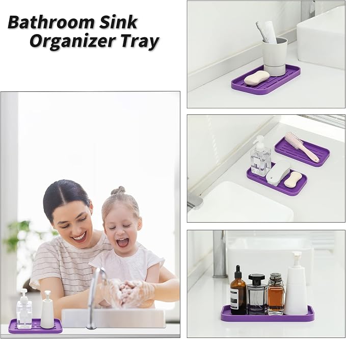 MicoYang Silicone Kitchen Sink Organizer Tray for Multiple Usage,Eco-Friendly Sponges Holder for Kitchen Bathroom Counter or Sink,Dish Soap Dispenser,Scrubber,Bottle,Cup (Purple, 10"×5.3")