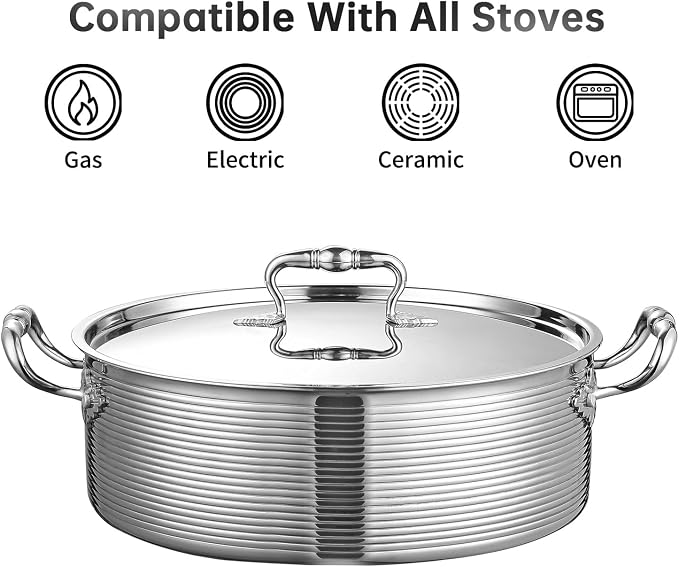 DELARLO Tri-Ply Stainless Steel 8QT Stock Pot,13 inch Everyday Pan with Lid, Kitchen Induction Deep Saute Pan,shabu shabu pot High Side Cooking Hot Pot Oven Safe Up to 600℉