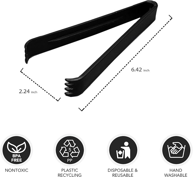 Party Essentials 6.5" Plastic Serving Tongs, 8-Count, Black
