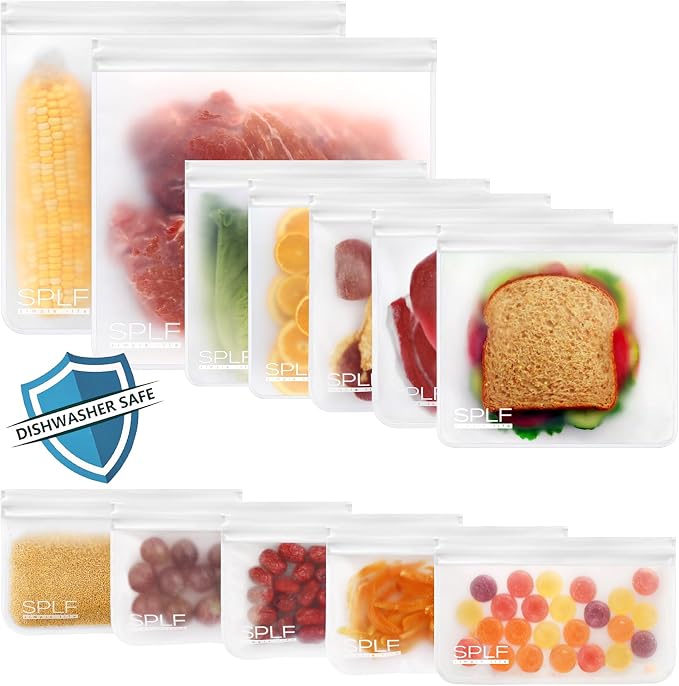 SPLF 12 Pack Dishwasher Safe Reusable Food Storage Bags, White | BPA Free Freezer Bags Leakproof Silicone and Plastic Free Lunch Bags Fridge Organization - 5 Sandwich 5 Snack 2 Gallon