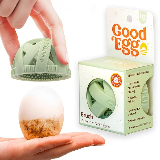 GoodEgg The Original Egg Brush, Silicone Egg Cleaning Brush for Farm Fresh Eggs, Chicken Coop Cleaning Tools, Egg Washer, Chicken Coop Accessories, Large to XL Sized Eggs, Green, As Seen On Shark Tank | Patented Silicone Design for Any Size Eggs, Made ...