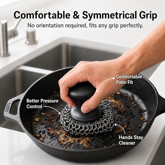 Cast Iron Scrubber and Scraper | 316 Chainmail Scrubber for Cast Iron Pan | Chain Mail Scrubber for Cast Iron Skillet Cleaner | Dishes Pots Wok Griddle Grill | Dish Scouring Pad Dishwasher Safe, Black2