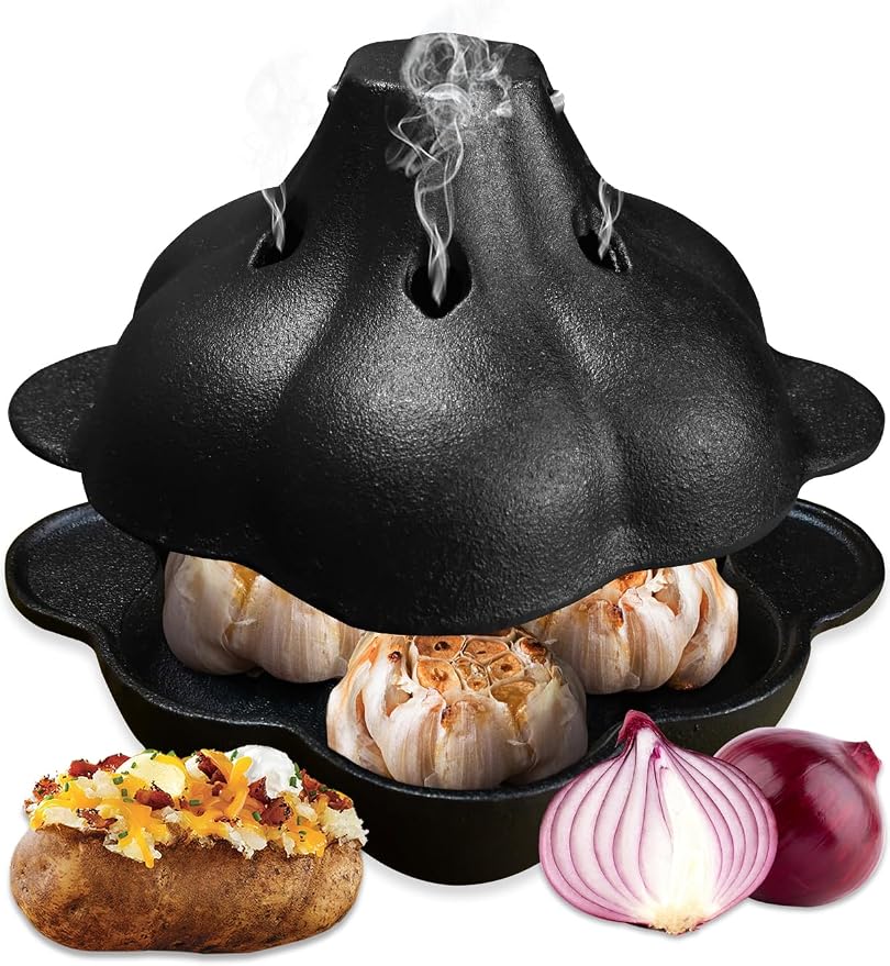 Pinra Pre-Seasoned Cast Iron Dutch Oven Pot, Potato Garlic Roaster Baker, Roasted Garlic Potatoes Cooker for Kitchen Oven or Outdoor BBQ Grill, Cast-Iron Ramekin Pot with Lid