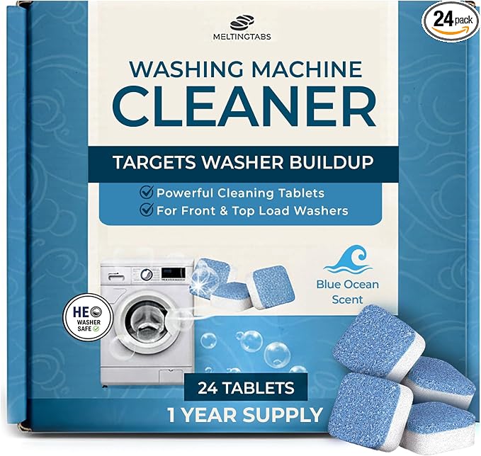 Washing Machine Cleaner Tablets, Ocean Scent, 24 Pack | Ocean scent. Removes detergent buildup, hard water deposits, grime & odor residue. HE, front load, top load. 24 tablets.