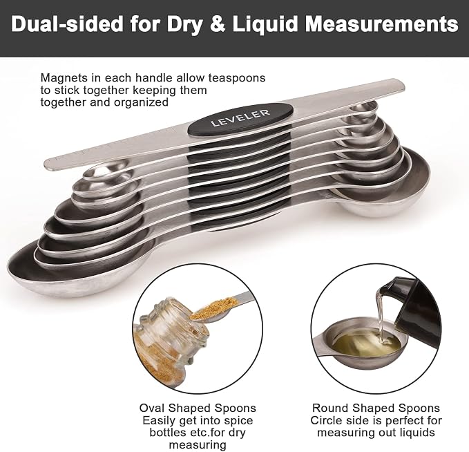 Aovchei 9 PCS Black Magnetic Measuring Spoons Set | Dual Sided, Stainless Steel Small Tablespoon, Teaspoons, Fits in Spice Jars, for Dry and Liquid