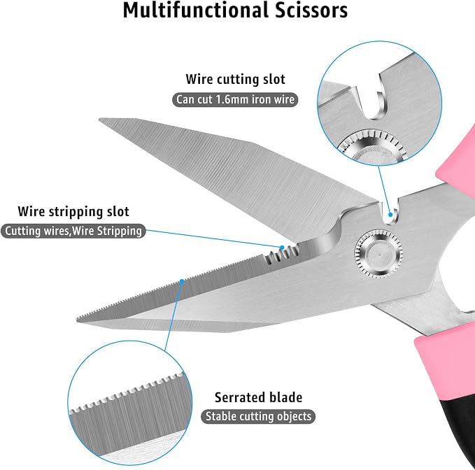 BoFuYuan Utility Scissors All Purpose heavy duty 8-Inch Pink | Comfort Grip, Sharp Serrated Blades Cutting Carpet Cardboard Wire Fabric, Multipurpose Shears for Kitchen Garden Office Craft