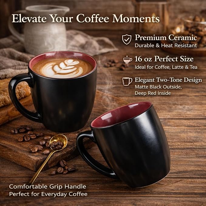 GBhome 16 oz Coffee Mugs Set of 6, Ceramic Coffee Cups- Red