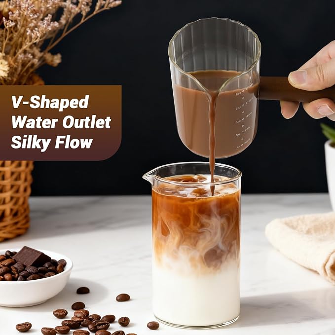 Espresso Measuring Cup 9 Oz, Espresso Glass Cups with Wood Handle, Milk Frothing Cup, Espresso Cup for Coffee, Milk, Tea or Maple Syrup Serving (Transparent, 9 oz)