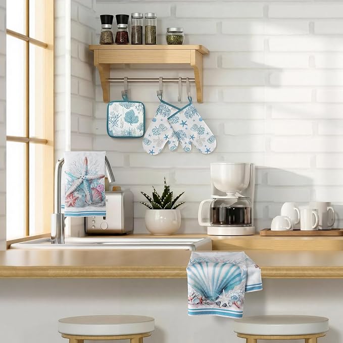Jingmore 6 Pcs Kitchen Decor Set Accessorie Farmhouse Kitchen Towels Pot Holders and Oven Mitts Set 2 Dish Towels 2 Pot Holders 2 Cooking Mitten Oven Glove for Cooking(Blue,Coastal Starfish Shells)