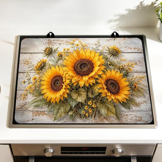 Sunflower Farmhouse Stove Top Cover for Electric Gas Glass Stove | Sunflower kitchen decor, yellow floral; non-slip stovetop cover, glass cooktop noodle board, rustic fall counter mat