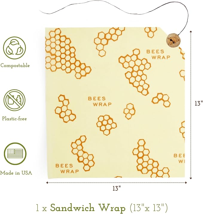 Bee's Wrap Beeswax Sandwich Wrap - Honeycomb | Button & Tie Closure - Plastic Free - Organic Beeswax Wraps - Reusable Lunch Wrap - Sandwiches & Snacks - Made in USA