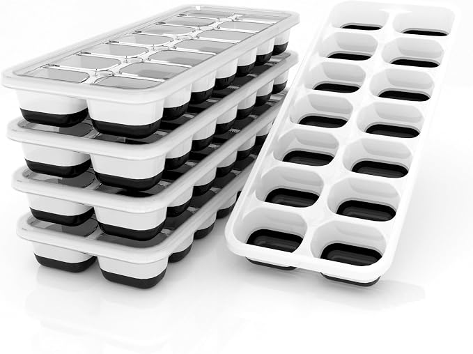 Ice Cube Trays 5 Pack for Freezer – 70 Cubes, Reinforced Snap Lids That Stay Closed, Silicone Push-Release Bottom, BPA-Free PP Frame, Stackable Ice Molds – Modern Home Bar & Everyday Freezer Use